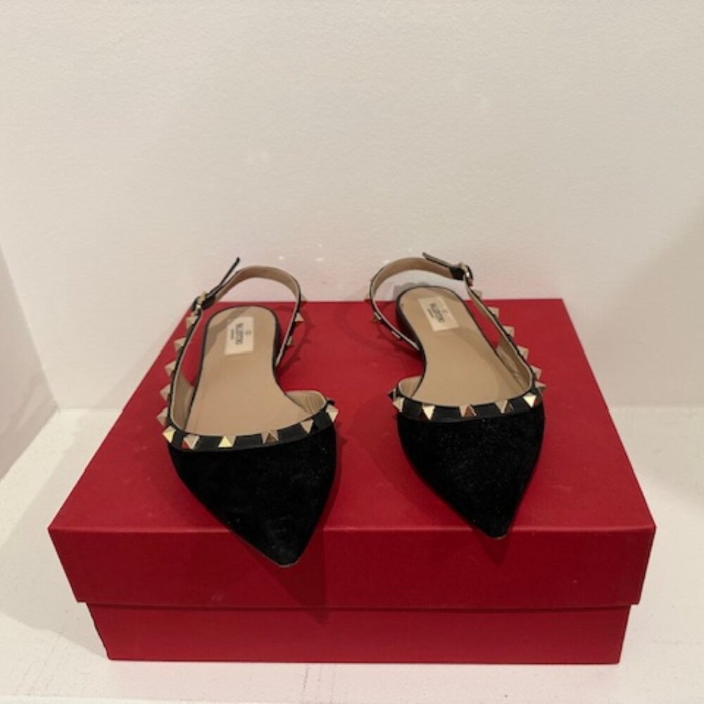 Valentino Rockstud Black Suede Slingback Flats Sz 38